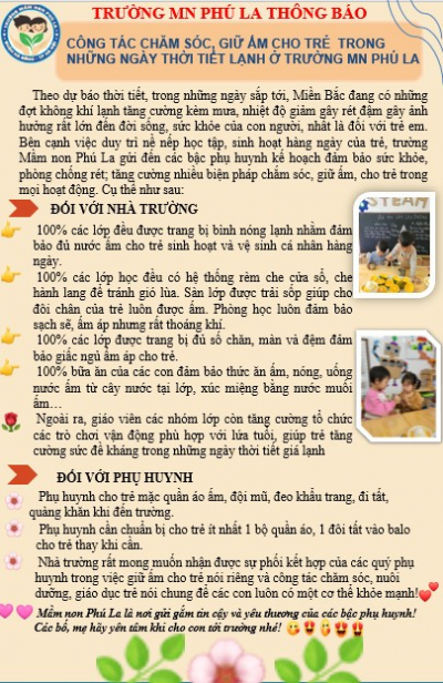 THÔNG BÁO VỀ VIỆC ĐẢM BẢO SỨC KHỎE CHO HỌC SINH TRONG THỜI TIẾT RÉT ĐẠM, RÉT HẠI