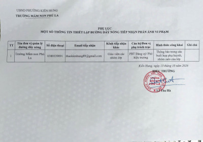THÔNG BÁO CÔNG KHAI ĐƯỜNG DÂY NÓNG TRƯỜNG MẦM NON PHÚ LA