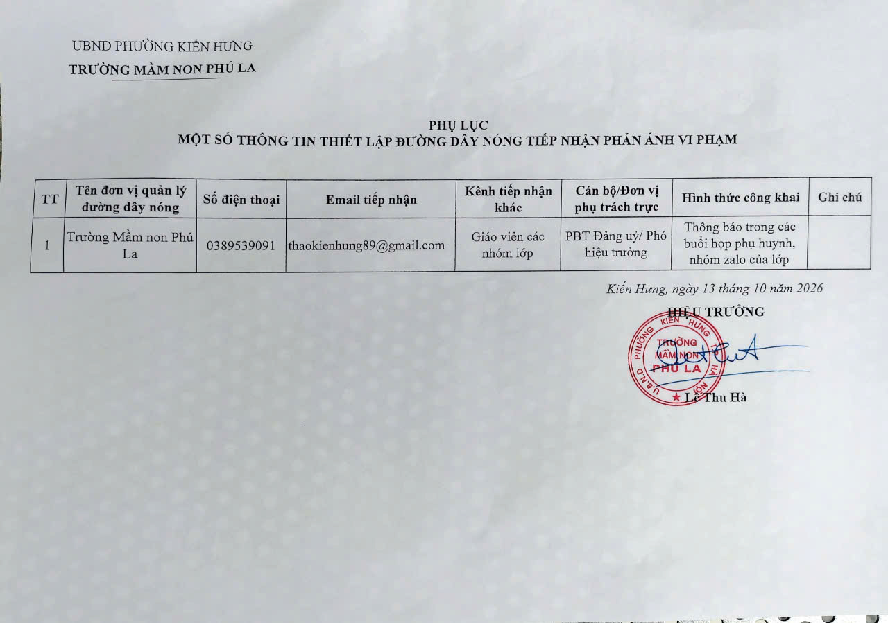 THÔNG BÁO CÔNG KHAI ĐƯỜNG DÂY NÓNG TRƯỜNG MẦM NON PHÚ LA